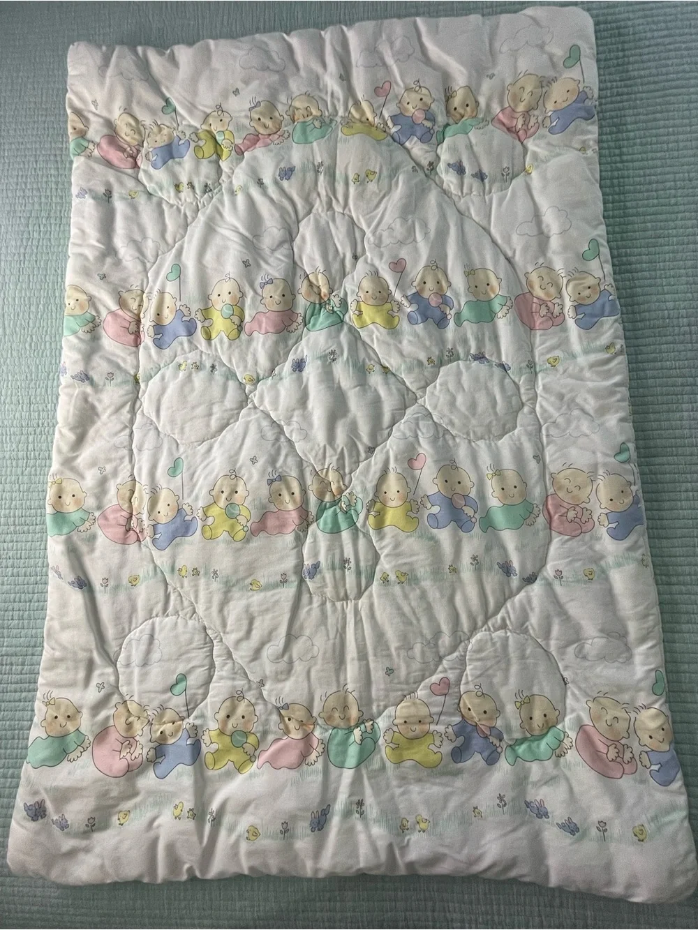 Vtg 80s Quiltex Baby Q Pastel Crawling Babies Quilt Blanket USA Made 30x45
